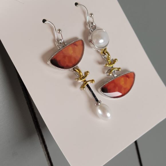 Abstract Drop Earrings Orange Half Moon Pearl Dangle Mixed Metal Boho Style - Picture 3 of 8